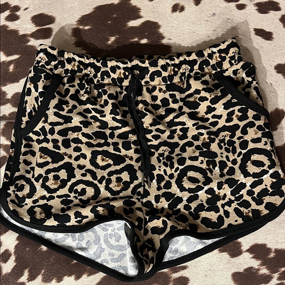 SHEIN Black and Tan Leopard Print Athletic Shorts
